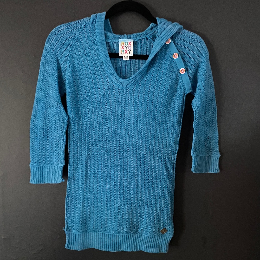 ROXY Blue ¾ Sleeve Sweater w/ Button Detail & Hood Size Medium
